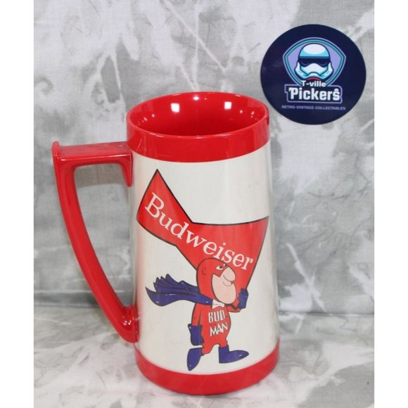 Vintage 70s USA Made Thermo-Serv Budweiser Bud Man Carrying Budweiser Beer Mug S - Picture 1 of 5